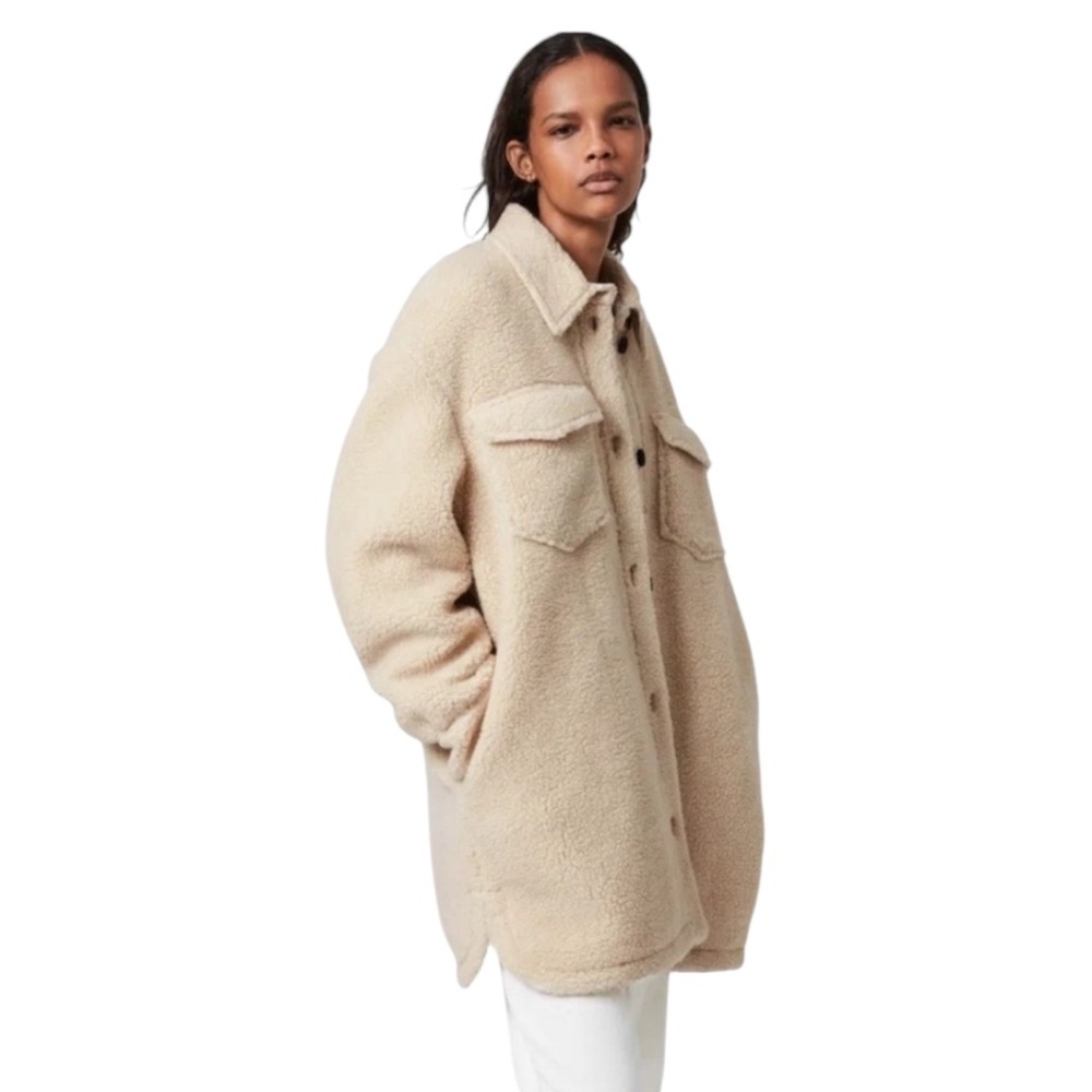 All Saints Sophie Sherpa Jacket Cream Button Front Quilted Lining 4